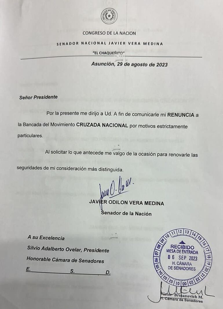 Nota presentada por el senador Javier Vera, alías Chaqueñito.