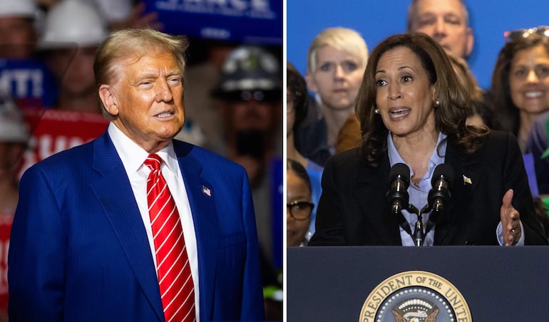 Combo de dos fotografías donde se ven el expresidente de los Estados Unidos y candidato presidencial, Donald Trump, y la vicepresidenta de los Estados Unidos y candidata presidencial, Kamala Harris. Las campañas de la aspirante demócrata a la presidencia de Estados Unidos Harris y su rival republicano Trump han aceptado las normas propuestas por el canal ABC para su debate del 10 de septiembre, entre ellas que sus micrófonos estén silenciados fuera de su turno para hablar. EFE/ Jim Lo Scalzo/ Rebecca Droke