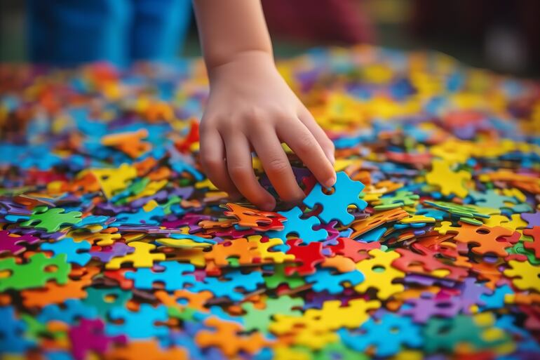 Piezas de colores de un rombecabezas y una mano infantil.