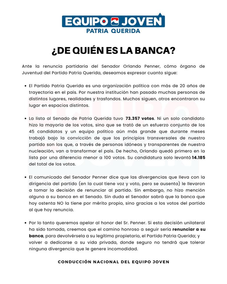 Pronunciamiento del equipo joven de Patria Querida por la renuncia de Penner.