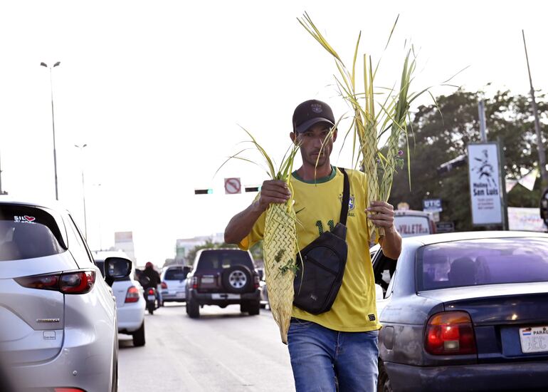 Un vendedor de palmas en plena avenida Transchaco.