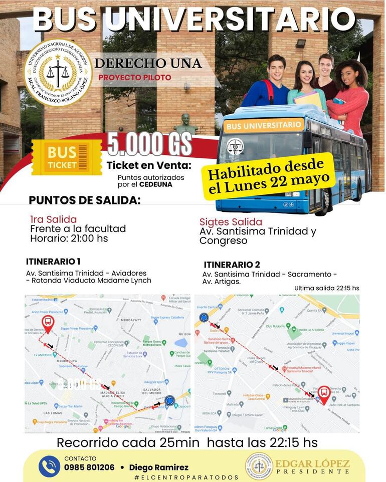 Anuncio del Centro de Estudiantes de  Derecho - UNA referente a la implementación de los buses universitarios.