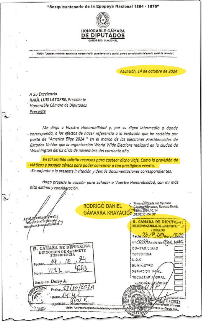 Nota presentada por el diputado cartista Rodrigo Gamarra donde solicita recursos para su viaje.