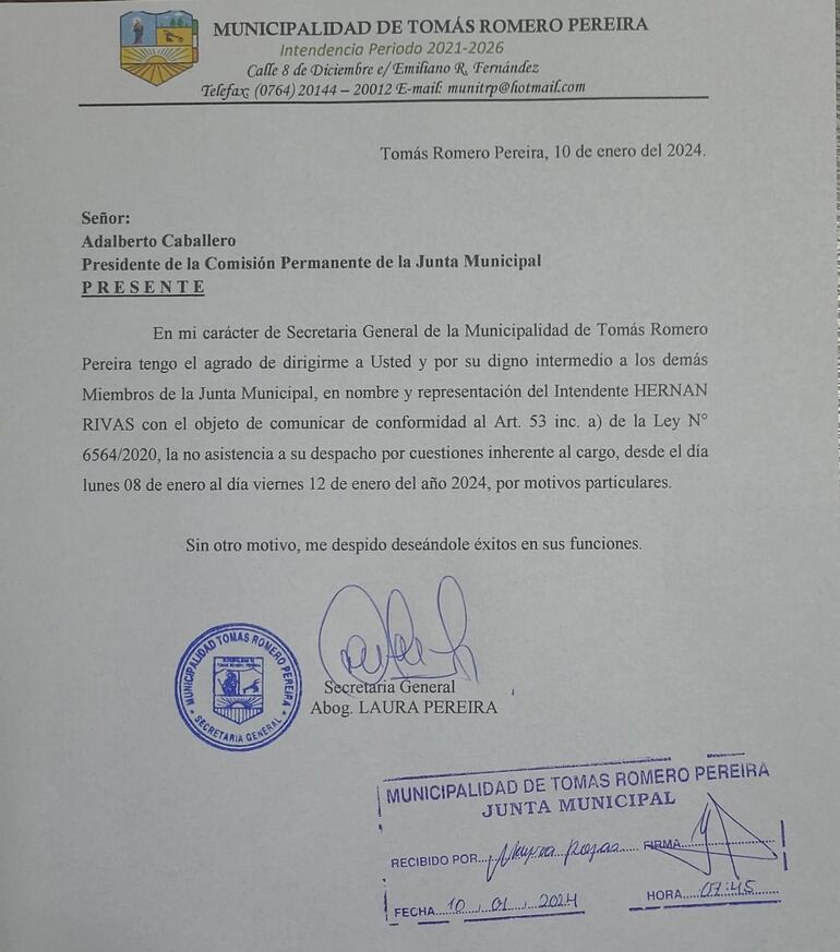 Nota de Ausencia de Hernán Ysidro Rivas en Municipalidad de Tomás Romero Pereira.