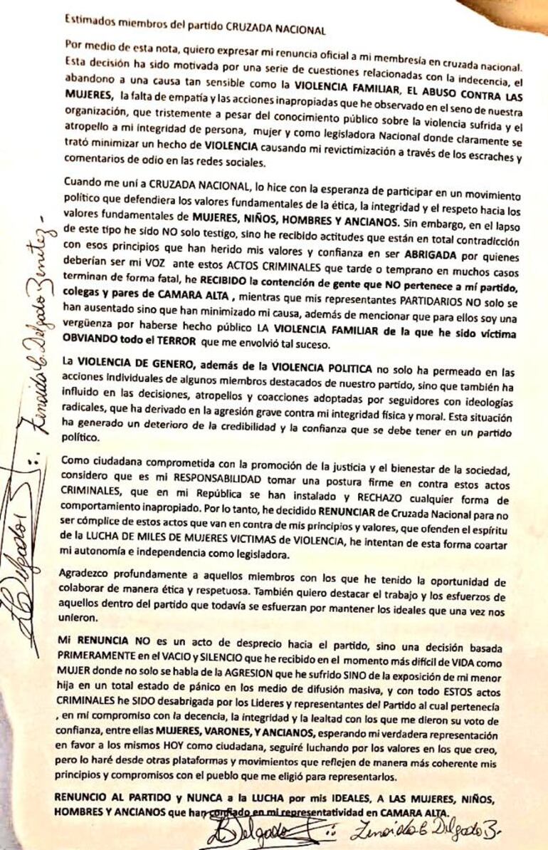 Comunicado de Zenaida Delgado