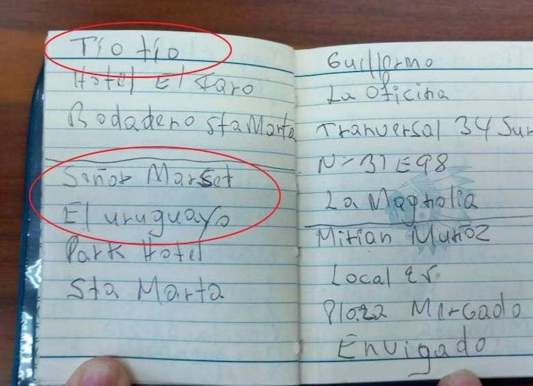 Referencias a "Tío Tío" (posiblemente Miguel Ángel Insfrán) y un "señor Marset" (presuntamente Sebastián Marset) en una imagen de una supuesta libreta de Francisco Correa Galeano.