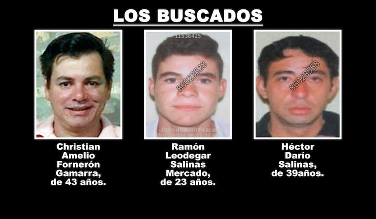 Siguen prófugos Christian Amelio Fornerón Gamarra (43), Ramón Leodegar Salinas Mercado (23) y Héctor Darío Salinas (39).