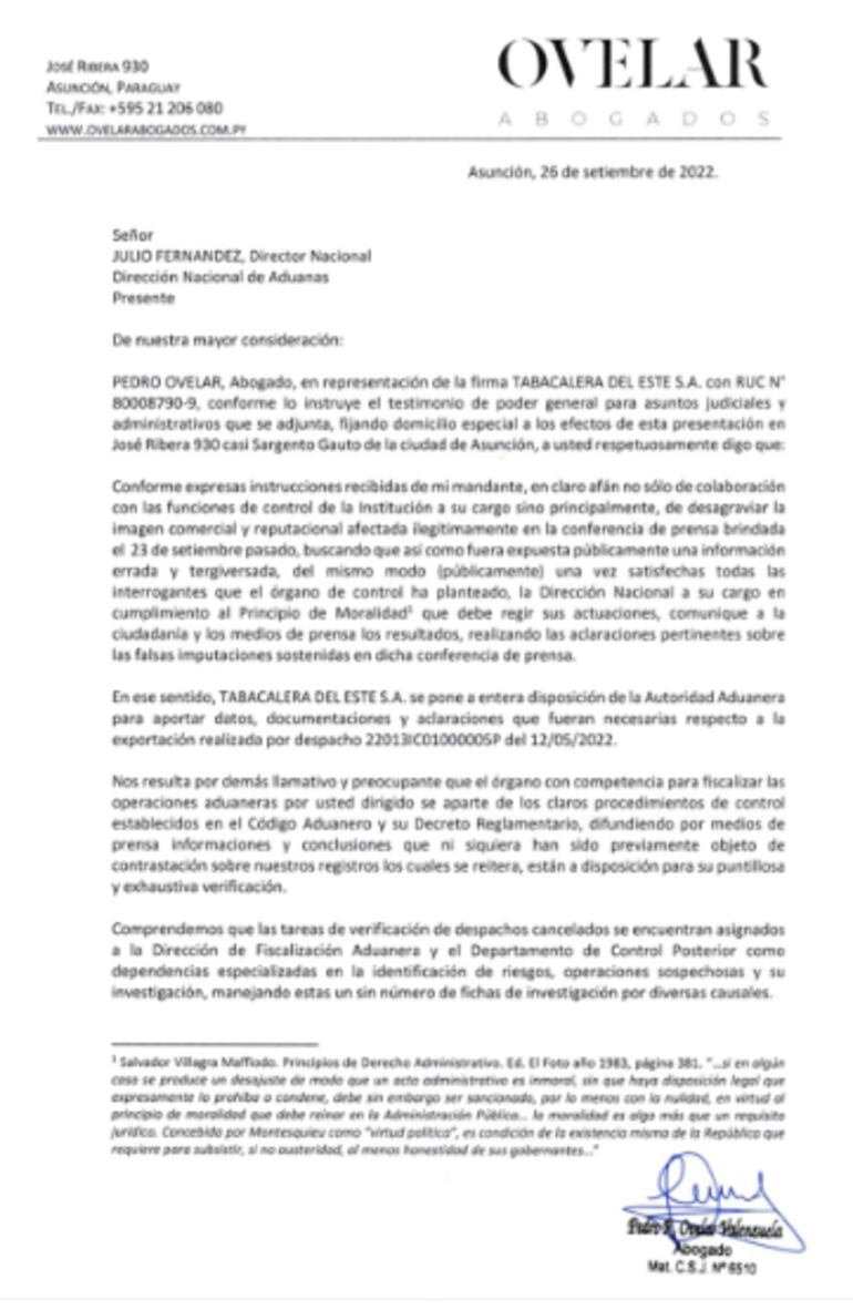 Nota presentada por el abogado de Tabesa, Pedro Ovelar a la Dirección Nacional de Aduana. (Captura de Twitter).