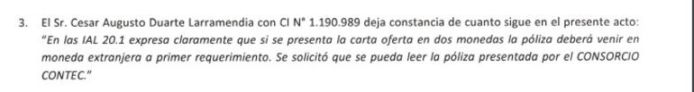 Solitud sobre póliza del consorcio Contec que fue negada al momento de la apertura de actas en el Mitic el 25 de septiembre.