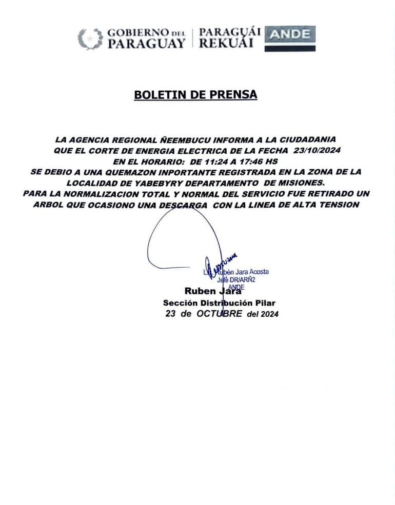 La ANDE informó mediante un comunicado sobre lo ocurrido con la línea de transmisión de alta tensión en la zona de Yabebyry departamento de Misiones.