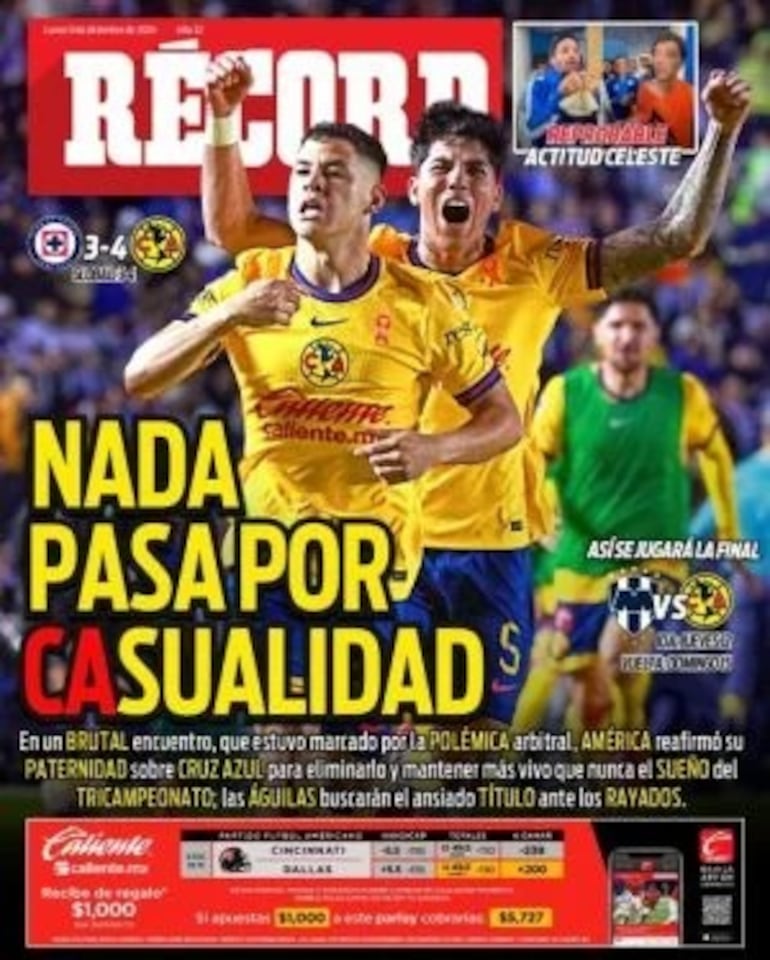 El paraguayo Richard Sánchez, futbolista del América, es portada del Diario Récord de México.