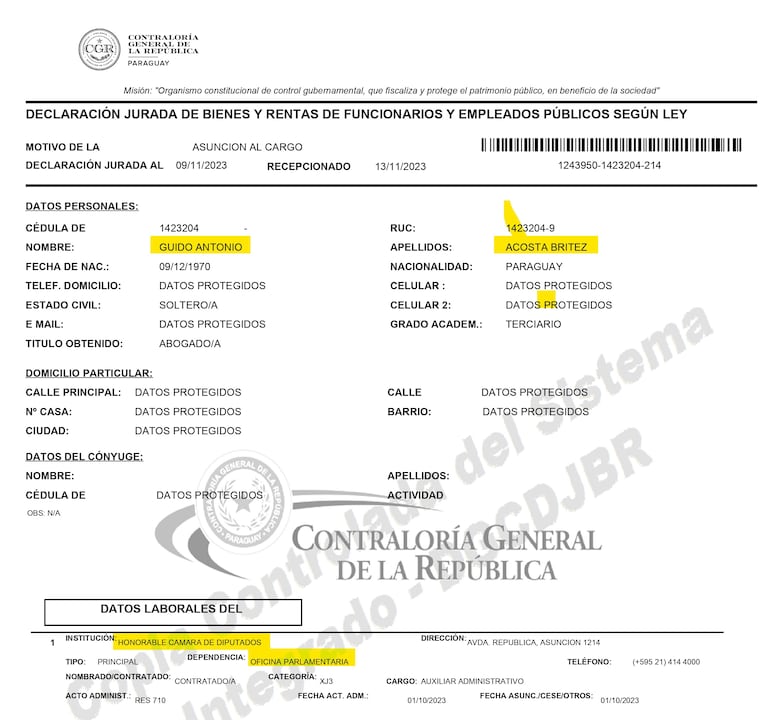 Declaración jurada del hermano de la Diputada, Liz Acosta, Guido Acosta Britez.