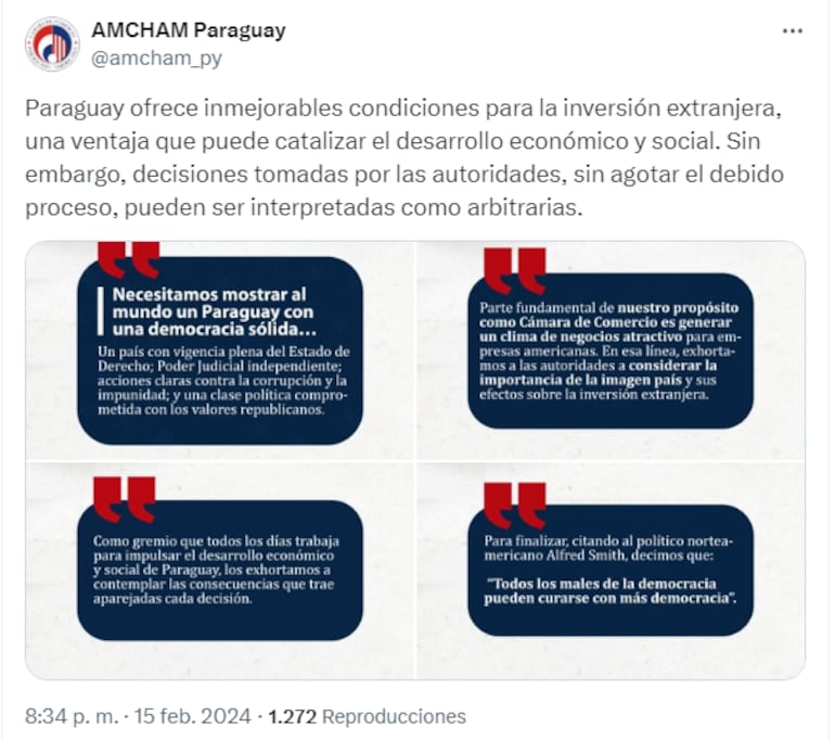 Posicionamiento de la Cámara de Comercio Paraguayo Americana sobre decisiones arbitrarias relacionadas a la expulsión de Kattya González del Congreso Nacional.