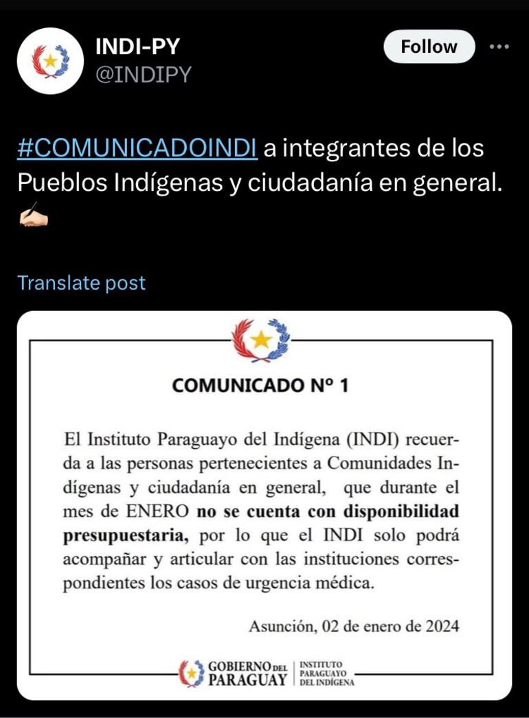 Comunicado del Indi sobre falta de recursos.