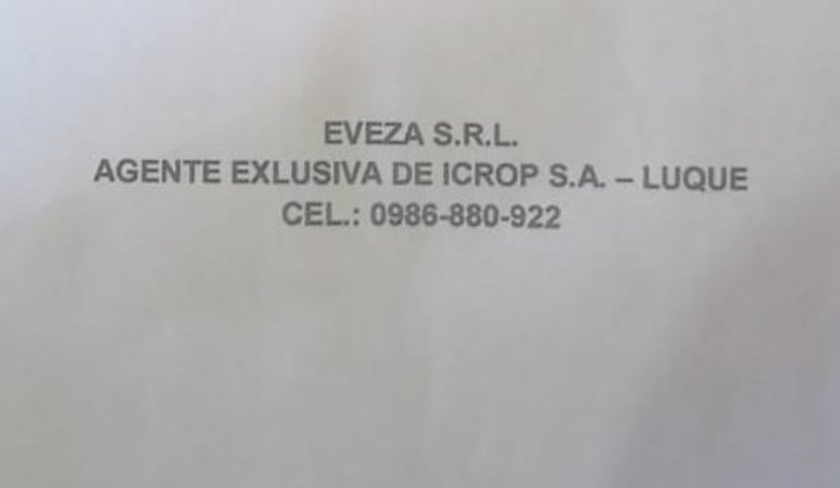 La empresa "Eveza SRL" no informa ningún representante legal ni su Registro Único de Contribuyente (RUC) que permita conocer que se trata de una compañía formal que representa a iCrop SA.