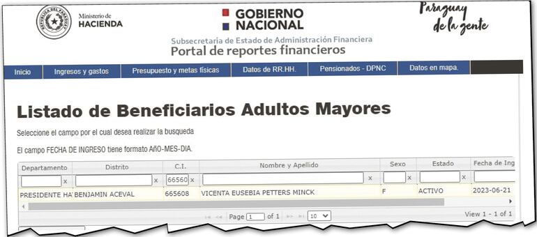 Captura del portal web durante  la  consulta en la sección de la Subsecretaría de Estado de Administración Financiera del MEF.