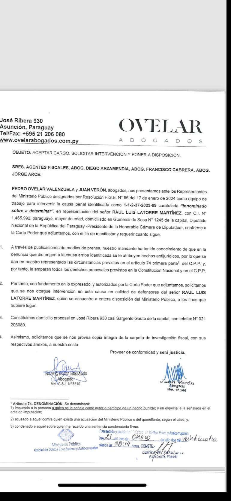 Nota presentada por Pedro Ovelar en Fiscalía para representar a investigados en caso Nepobabies.