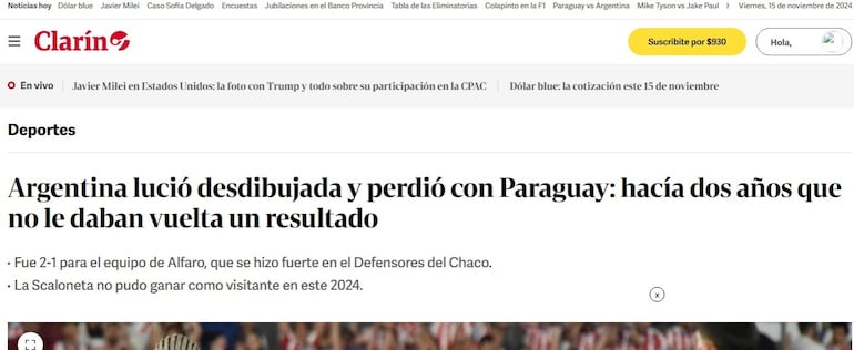 Las portadas de los medios argentinos después de la victoria 2-1 de Paraguay sobre Argentina por las Eliminatorias Sudamericanas 2026.