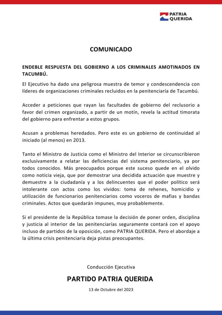 Comunicado del Partido Patria Querida sobre el último motín en Tacumbú y la actuación del gobierno colorado de Santiago Peña.