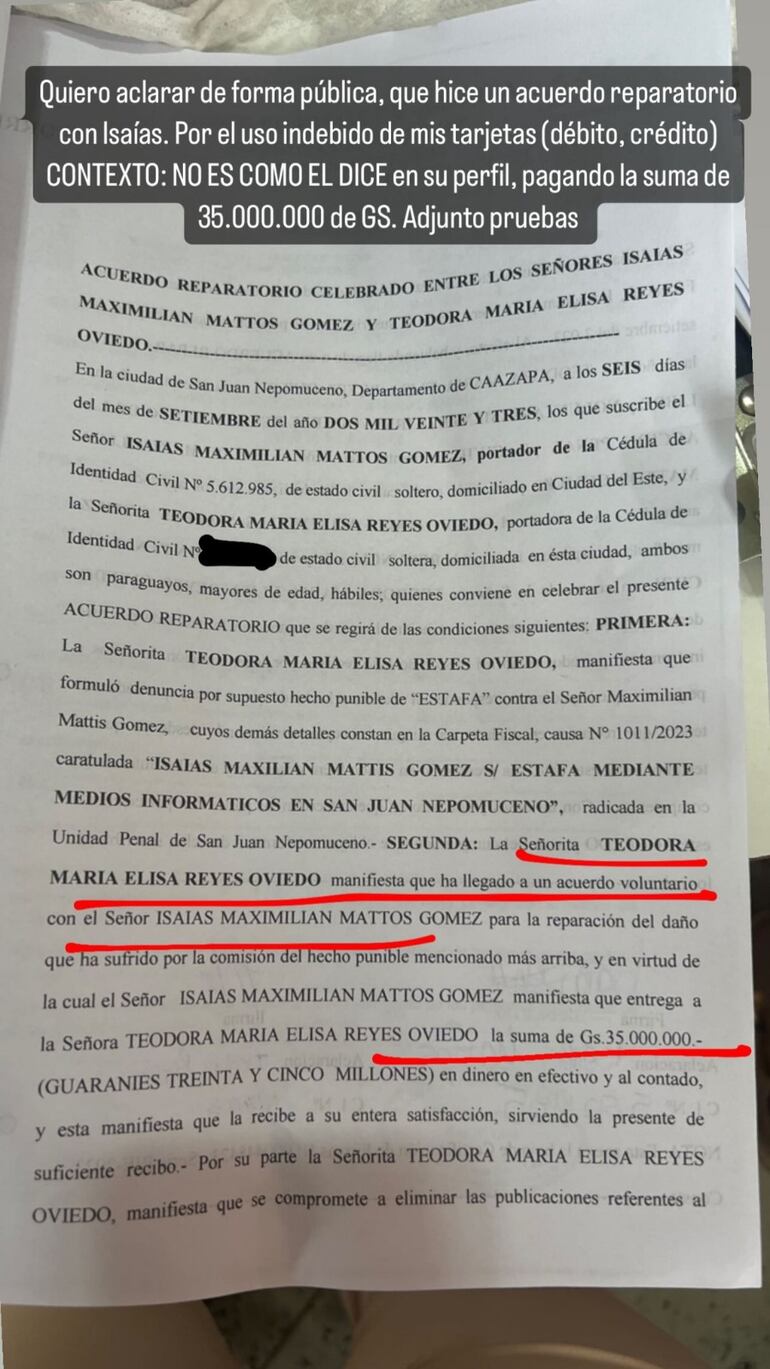 Documento que detalla el acuerdo entre Teodora Reyes u Maximilian Mattis Gómez.