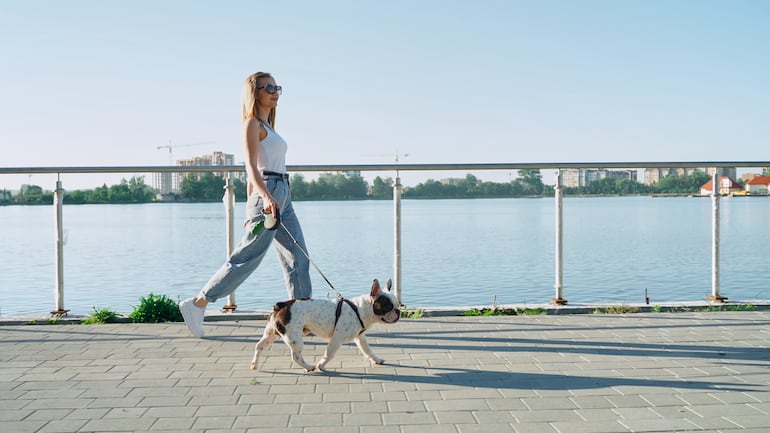 Mujer camina a paso lento con su perro.