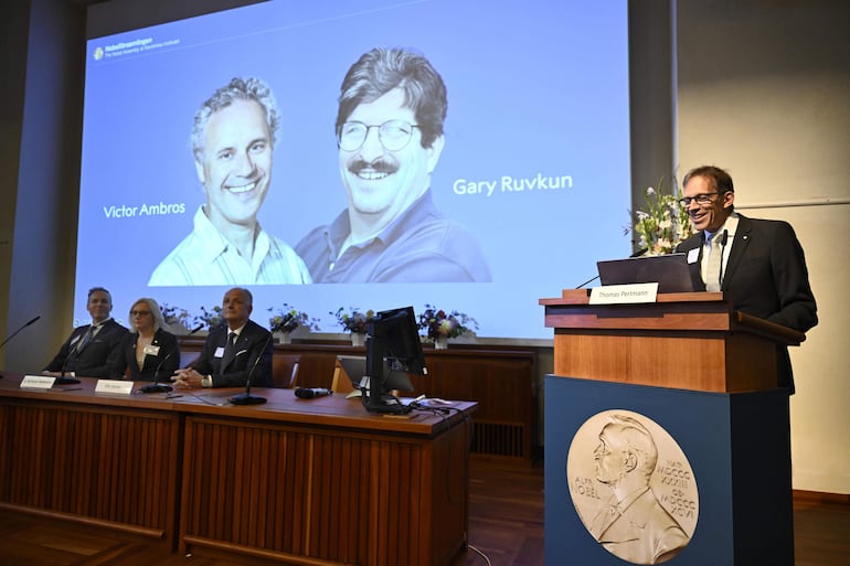 Thomas Perlmann informa en una conferencia los nombres de los ganadores del Premio Nobel de Medicina, Victor Ambros y Gary Ruvkun.