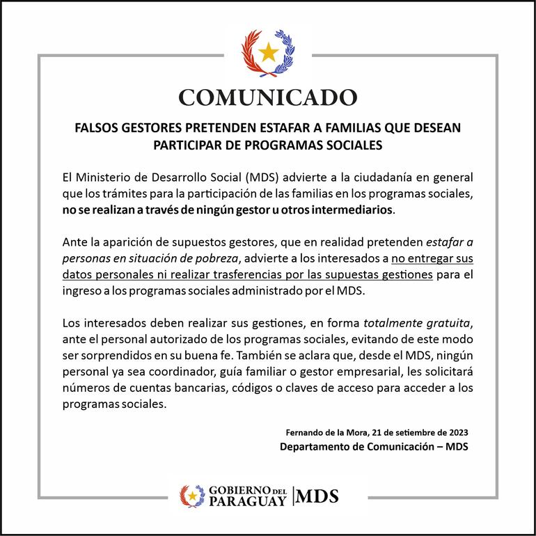 Comunicado del Ministerio de Desarrollo Social.