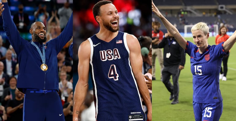 Combo de fotografías de izquierda a derecha los deportistas LeBron James, Stephen Curry y Megan Rapinoe. De LeBron James a Megan Rapinoe pasando por Billie Jean King o Stephen Curry, la mayoría de las estrellas del deporte en Estados Unidos ha respaldado la campaña de Kamala Harris y ha pedido el voto para los demócratas en las elecciones del 5 de noviembre.