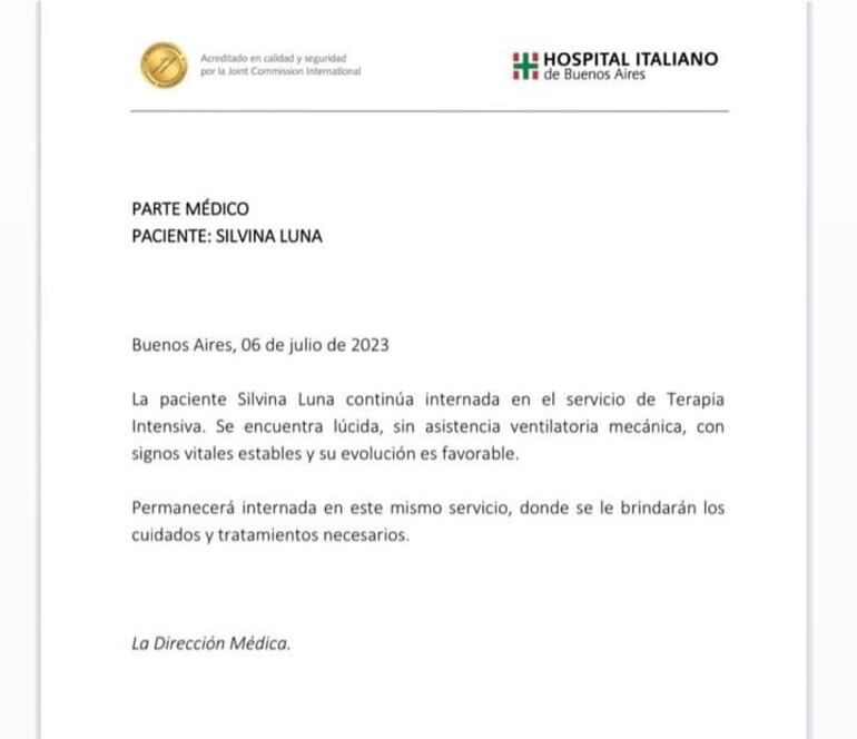 El nuevo parte médico sobre la salud de Silvina Luna. (Captura de la historia de Instagram de Fernando Burlando)