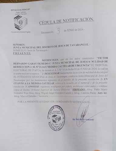 Intendente imputado por lesión de confianza solicitó restitución de su cargo y Justicia Electoral falló en su contra.