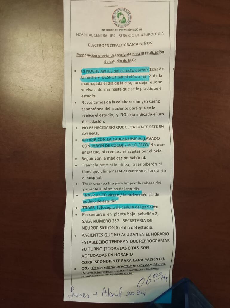 Electroencefalograma para un niño de 5 años, fue marcado para el 1 de abril del 2024.