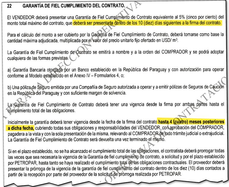 En el contrato firmado se estableció un plazo de 10 días para presentar la garantía de fiel cumplimiento, que Petropar debe ejecutar en caso de que la firma incumpla.