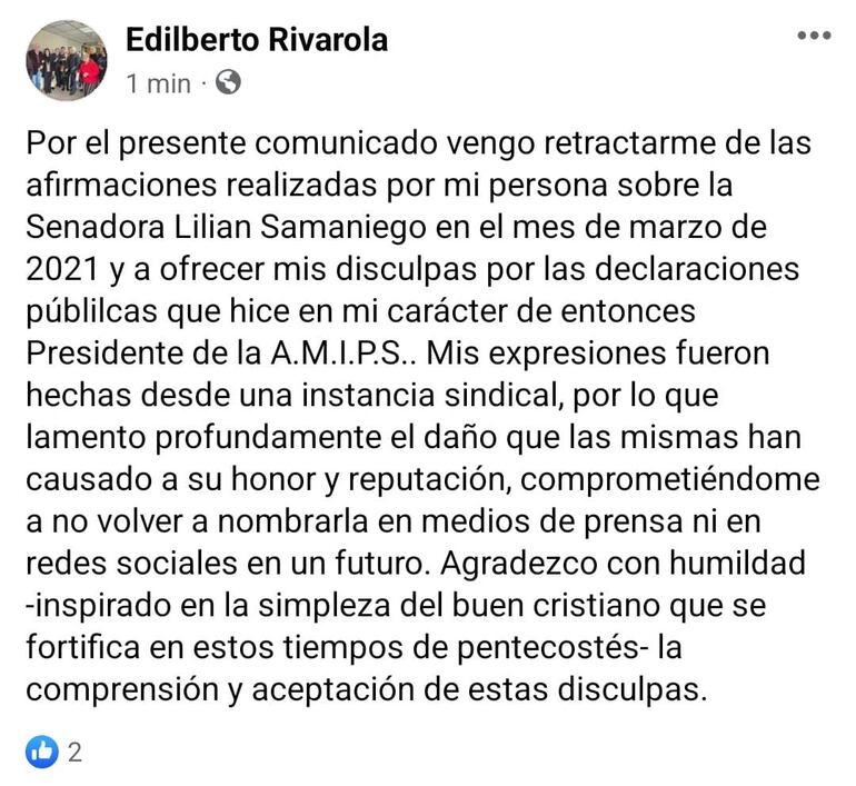 Comunicado del doctor Edilberto Rivarola, para acabar con el juicio oral impulsado por la senadora Lilian Samaniego.