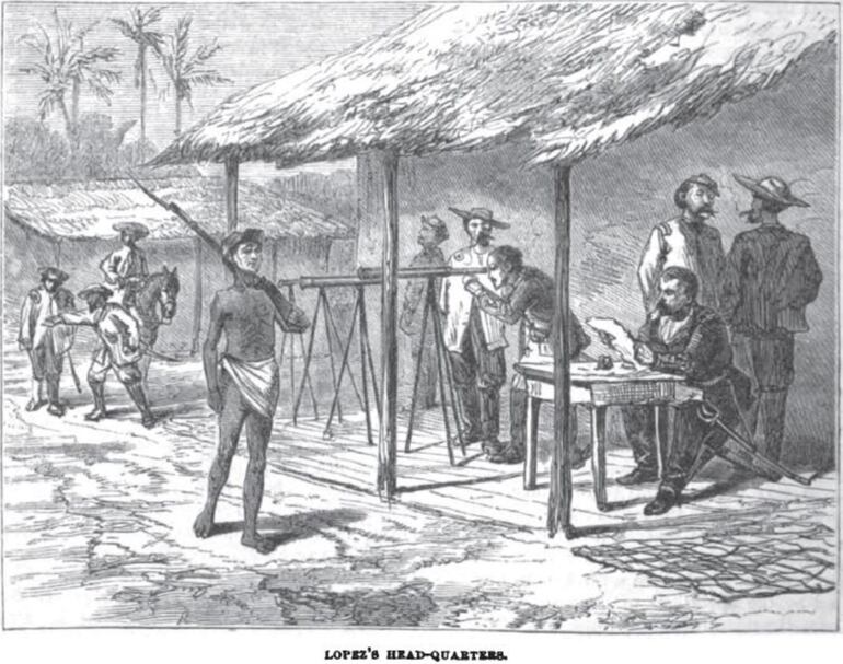 Cuartel general del mariscal López, grabado en madera de la prensa estadounidense de  1870.