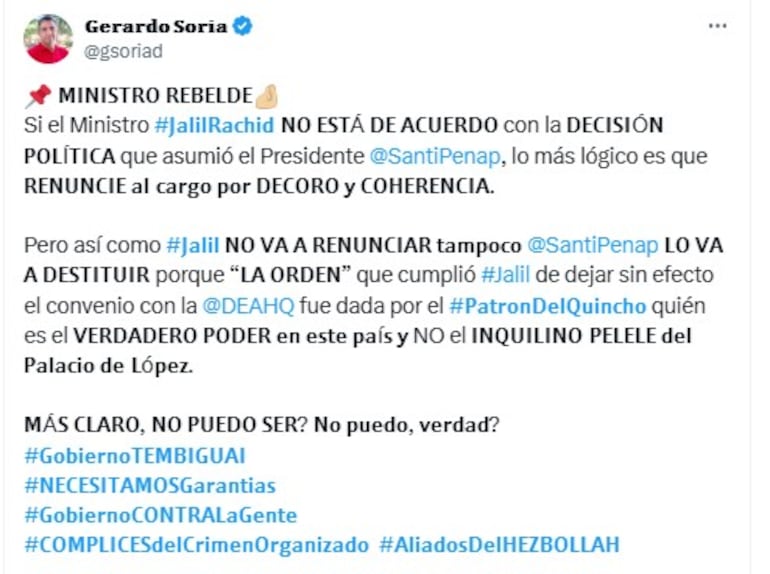 Publicación de Gerardo Soria calificando de pelele a Santiago Peña