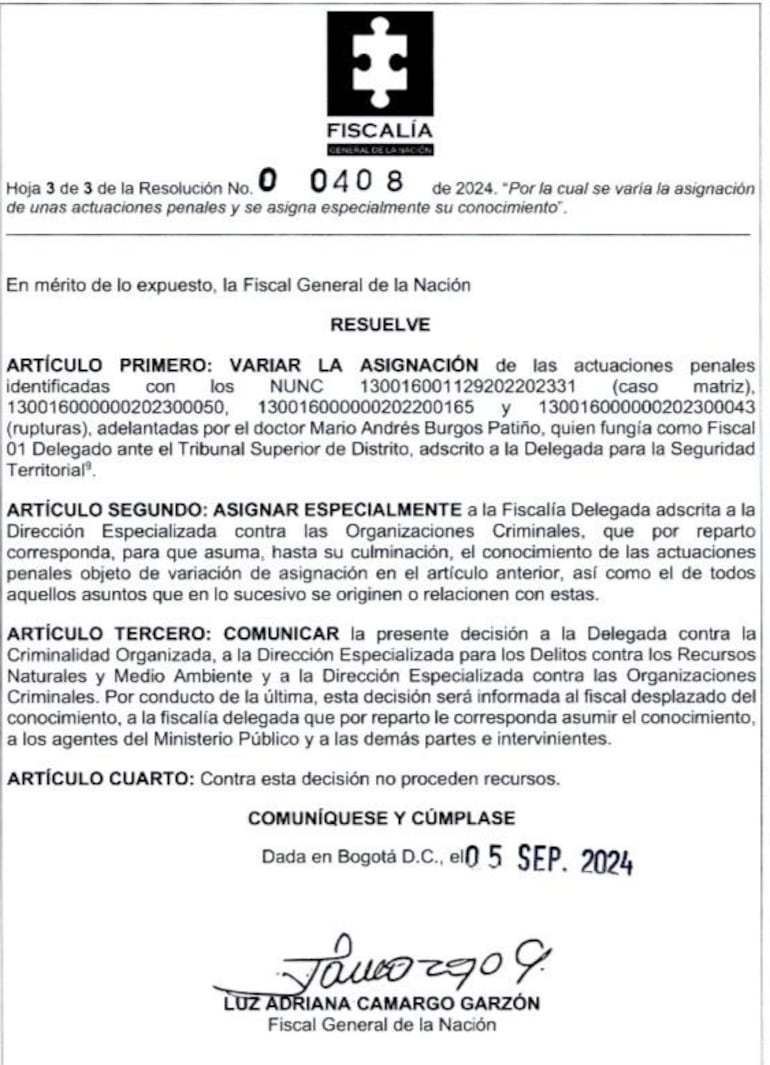 Comunicación oficial de la Fiscal General de la Nación de Colombia.