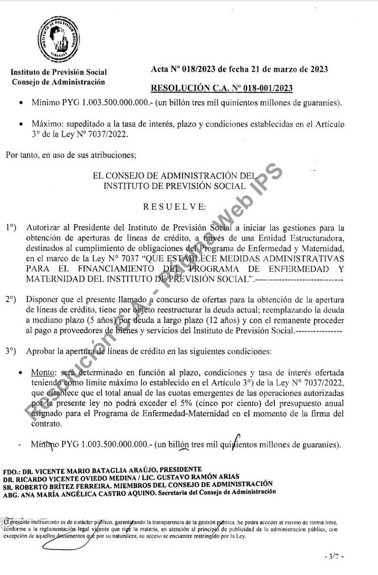 Resolución del Consejo de Administración del IPS que aprueba la gestión de nuevas líneas de crédito para el pago a proveedores.