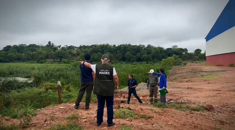 Técnicos del Mades en humedal adyacente al depósito de neumáticos en Puerto Fénix.