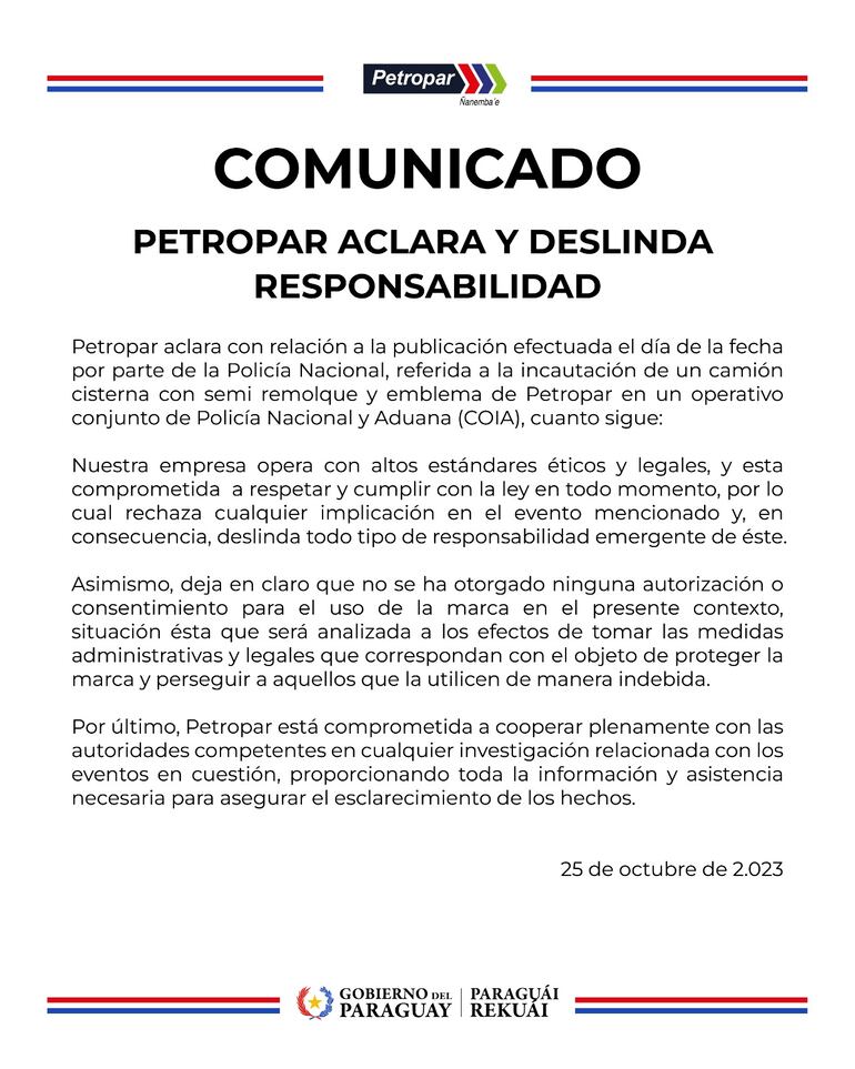 Comunicado de Petropar sobre camión cisterna que cayó en Vista Alegre.