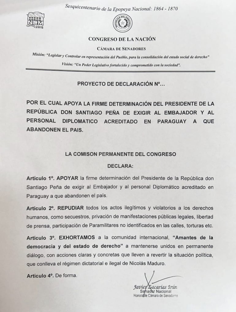 Proyecto de resolución sobre Venezuela planteado desde la Comisión Permanente del Congreso.