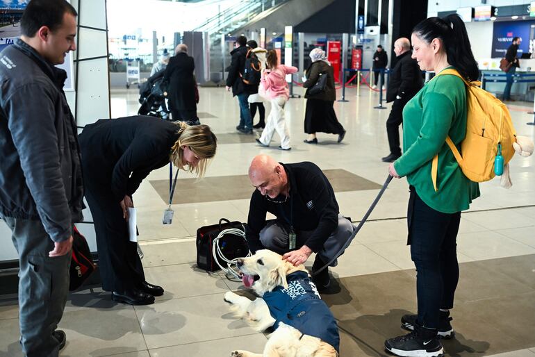 Los pasajeros se reúnen para jugar y acariciar a Dino, un golden retriever guiado por su entrenadora Vesna Kiskovska (der.), en el Aeropuerto Internacional de Skopie.