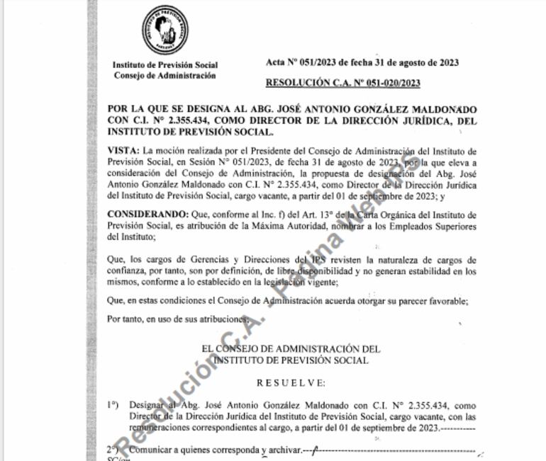 Nombramiento de José Antonio González Maldonado como nuevo director jurídico del IPS.