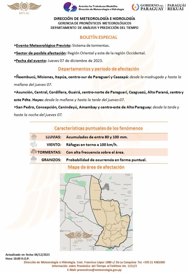 Boletín especial de la Dirección de Meteorología que trata sobre tormentas en casi todo el país para la víspera del día de la Virgen de Caacupé.