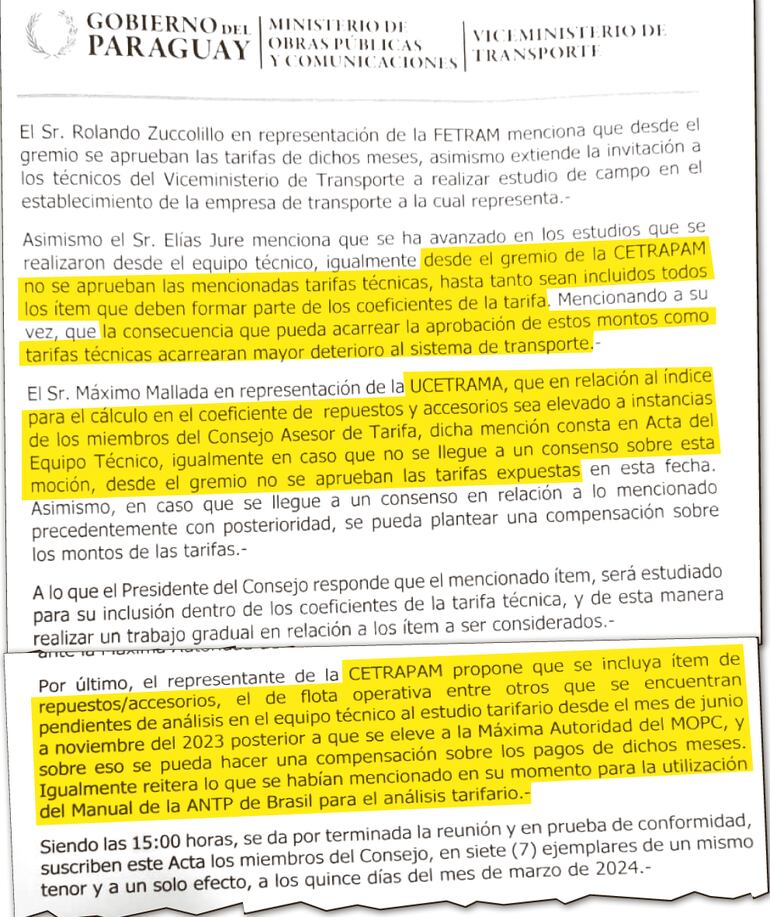 Facsímil del acta en el cual el Cetrapam advierte del mayor deterioro del transporte público.