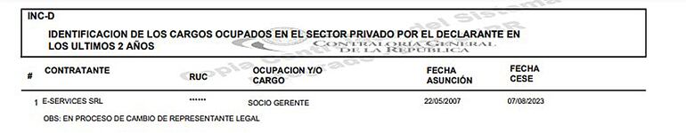 En agosto del 2023 Gustavo Villate declara como socio gerente de E-Services SRL firma del cual hasta ahora es accionista.