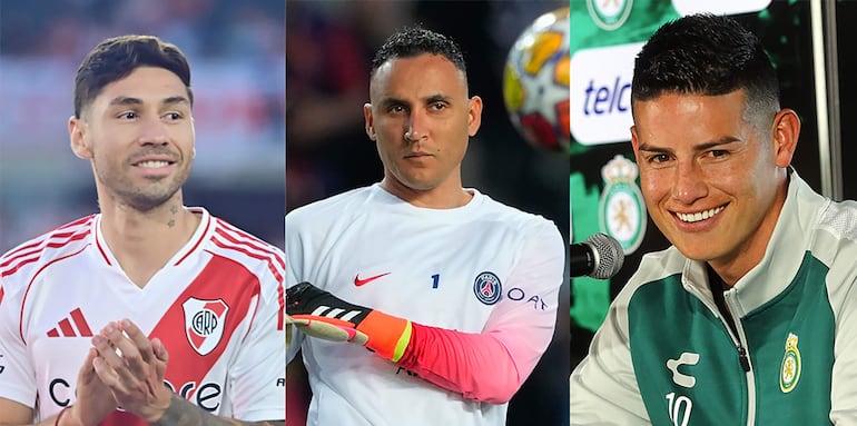 Combo de fotografías de los jugadores de fútbol desde la izquierda Gonzalo Montiel, Keylor Navas y James Rodríguez. El arribo a América de una verdadera oleada de figuras que han dejado huella en el fútbol ha elevado el interés en las principales Ligas, desde el norte al sur, con nombres como James Rodríguez, Keylor Navas, Gonzalo Montiel, Felipe Caicedo, Gary Medel o Ander Herrera.