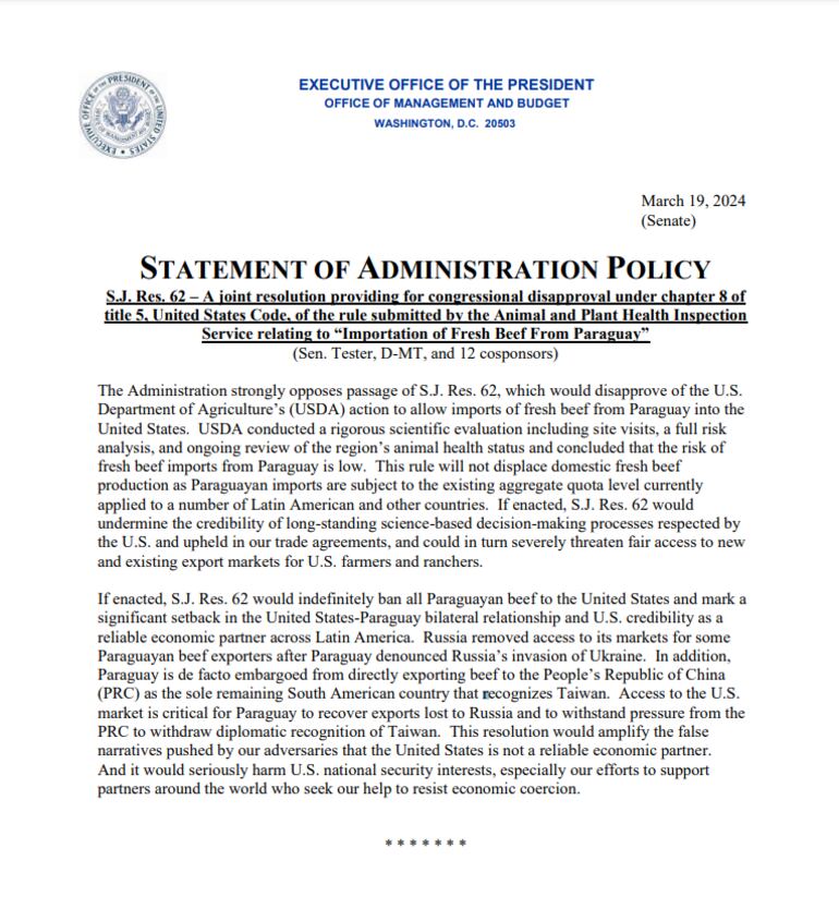 Carta de la oficina de la presidencia de la República de Estados Unidos dirigida al Congreso ante intento de anular importación de carne paraguaya.