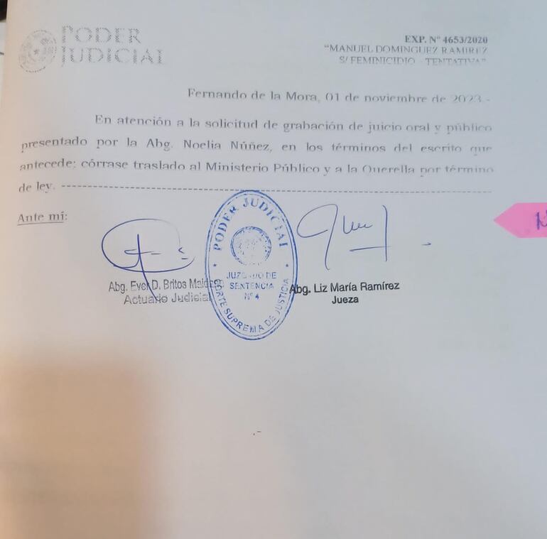 El escrito presentado por la Abogada Noelia Núñez en donde solicita que el juicio sea grabado.