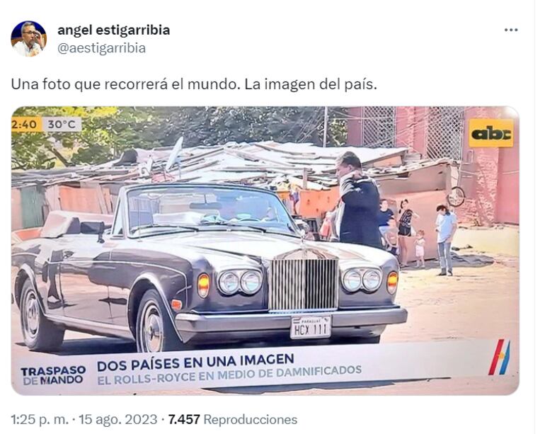 Usuarios de redes sociales criticaron la evidente desigualdad que existe en nuestro país, donde el presidente de la República, Santiago Peña, se traslada en un lujoso auto, frente a las precarias viviendas de las familias de la Chacarita.