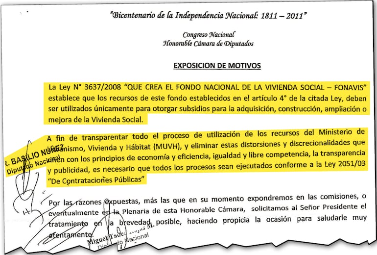 Facsímil del proyecto de ley de Basilio Núñez  cuando pedía más control al Fonavis, en el año 2020.